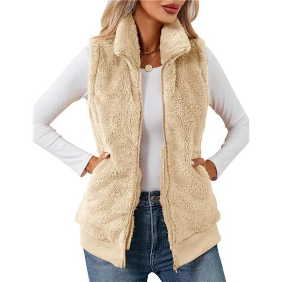 Jackets & Blazers - New Womens Fuzzy Fleece Vest, Casual Warm Sleeveless Zip Up Sherpa Vest